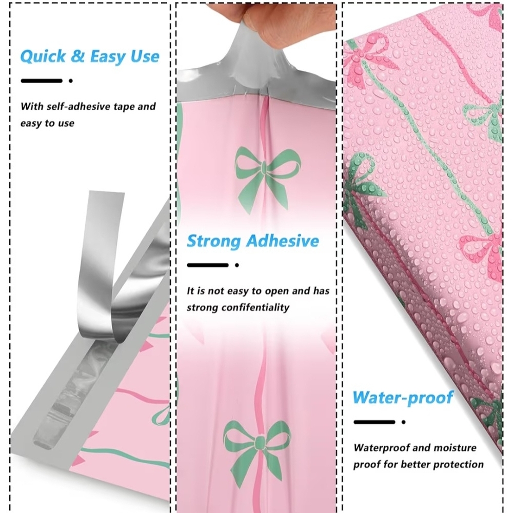 Pink Bow Printed Poly Mailers - Decorative Shipping Bags 10 Bags 10×13 - Picture 2 of 3